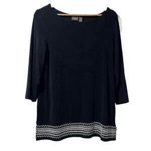 Chico's chicos Travelers sz 1 Medium Black White Embroidered Hem Top Tunic Rare